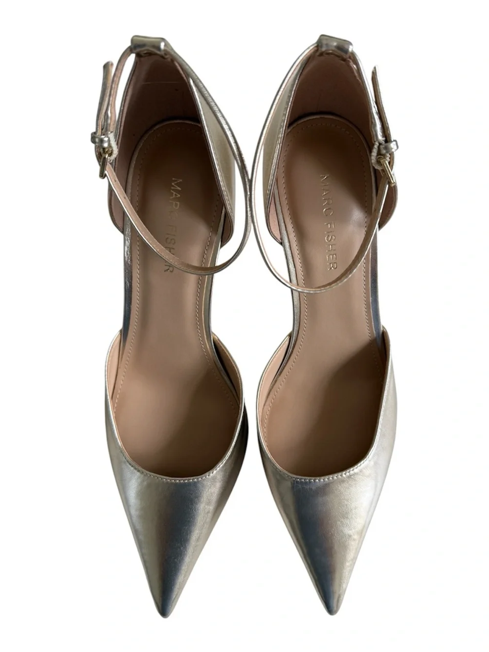 Marc Fisher Gold Pointed-Toe Ankle Strap Heels